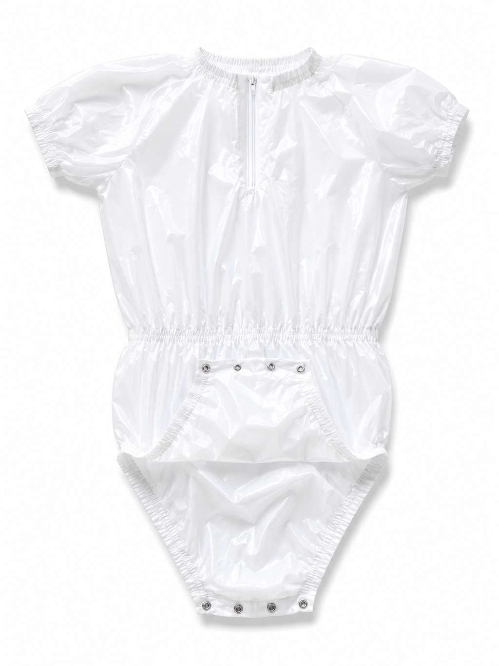 White Shiny Nylon Zip Front Bodysuit Romper