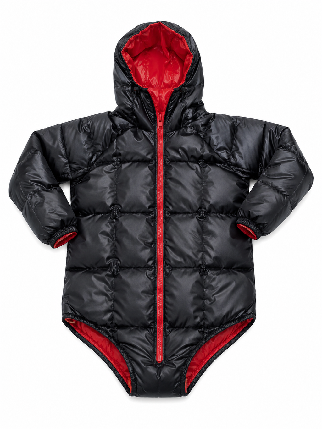 Black and Red Shiny Nylon Hooded Puffer Bodysuit