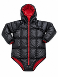 Black and Red Shiny Nylon Hooded Puffer Bodysuit