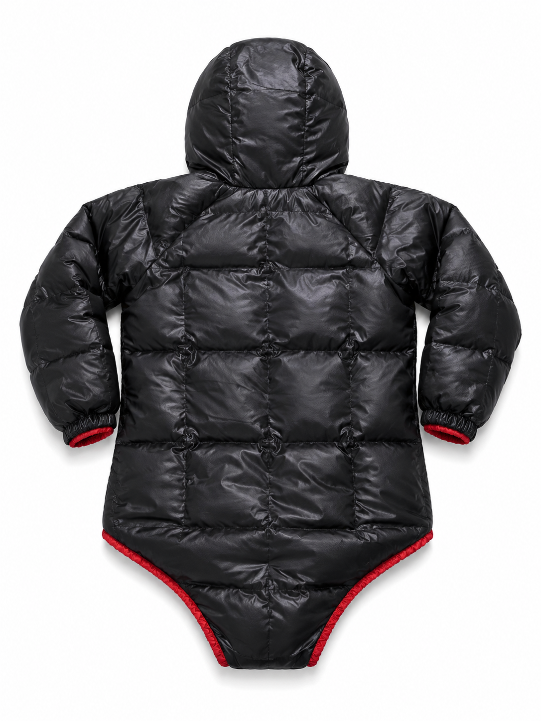 Black and Red Shiny Nylon Hooded Puffer Bodysuit