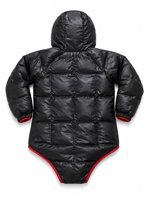 Black and Red Shiny Nylon Hooded Puffer Bodysuit