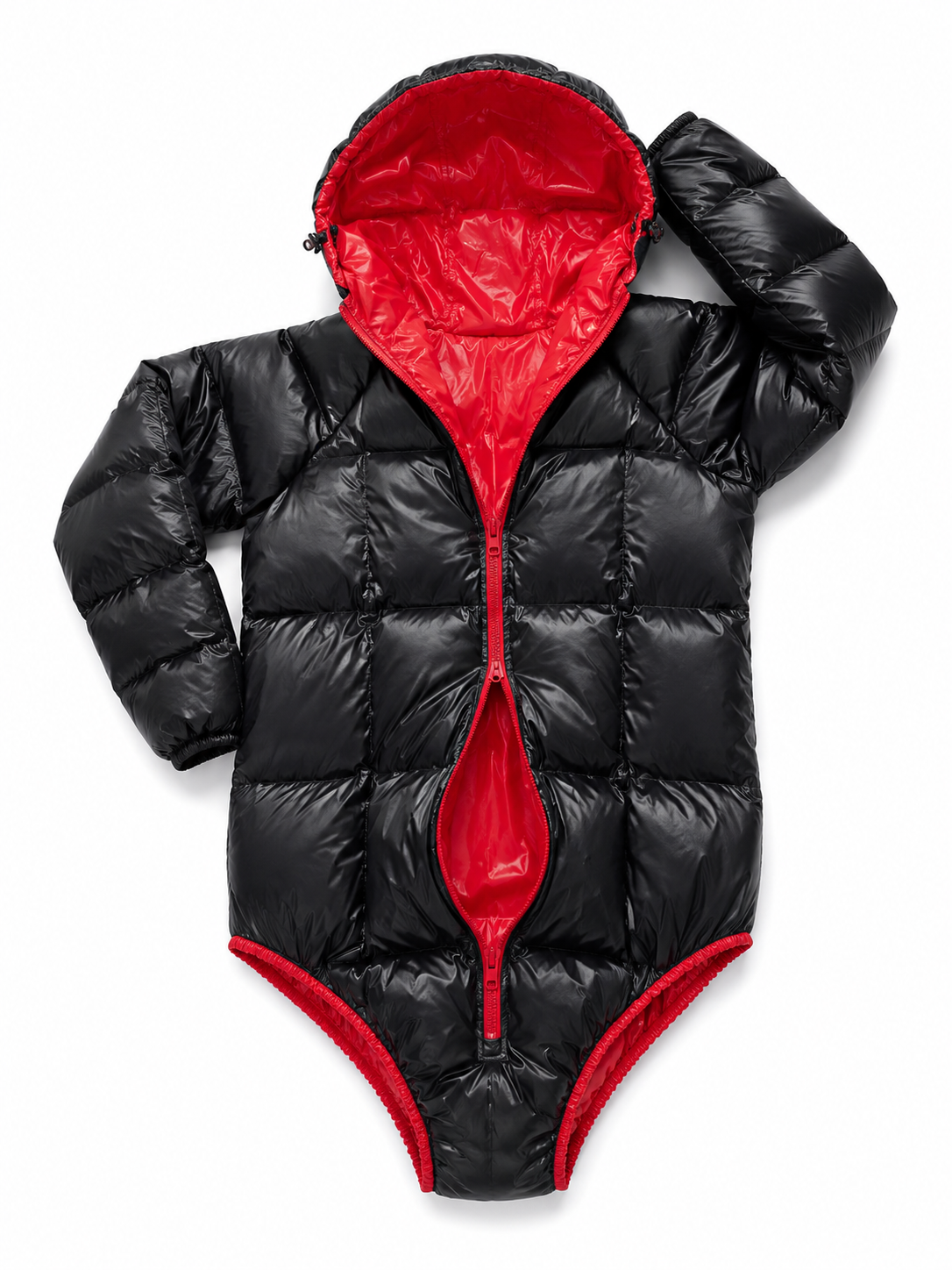 Black and Red Shiny Nylon Hooded Puffer Bodysuit