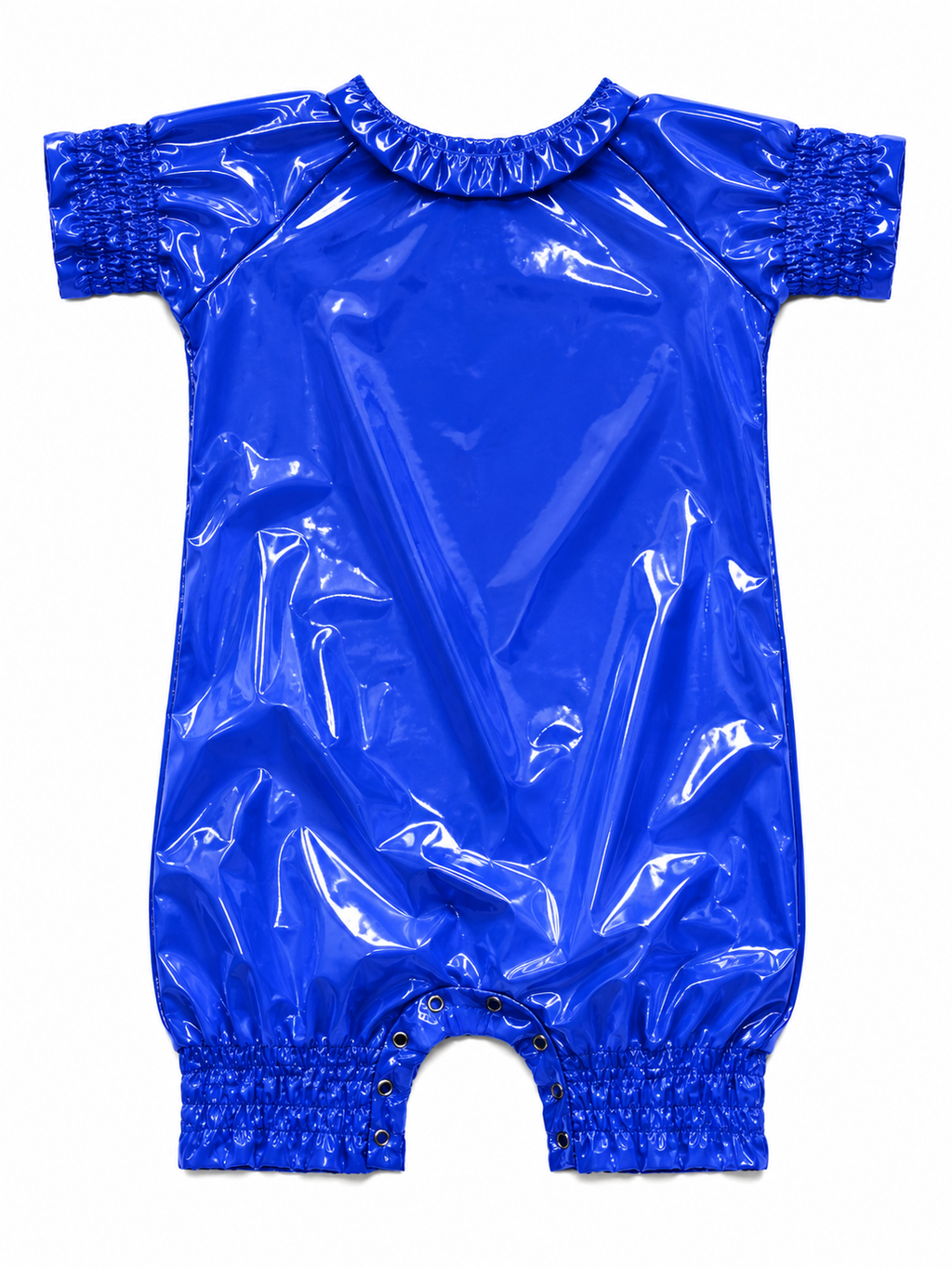 Blue Shiny Nylon Zip Front Romper Jumpsuit