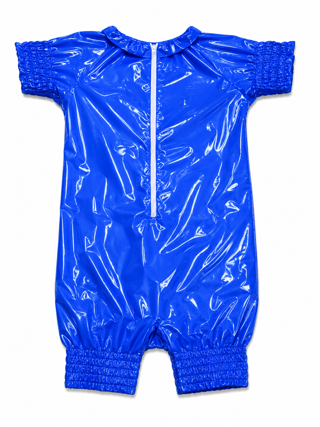 Blue Shiny Nylon Zip Front Romper Jumpsuit