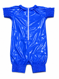 Blue Shiny Nylon Zip Front Romper Jumpsuit