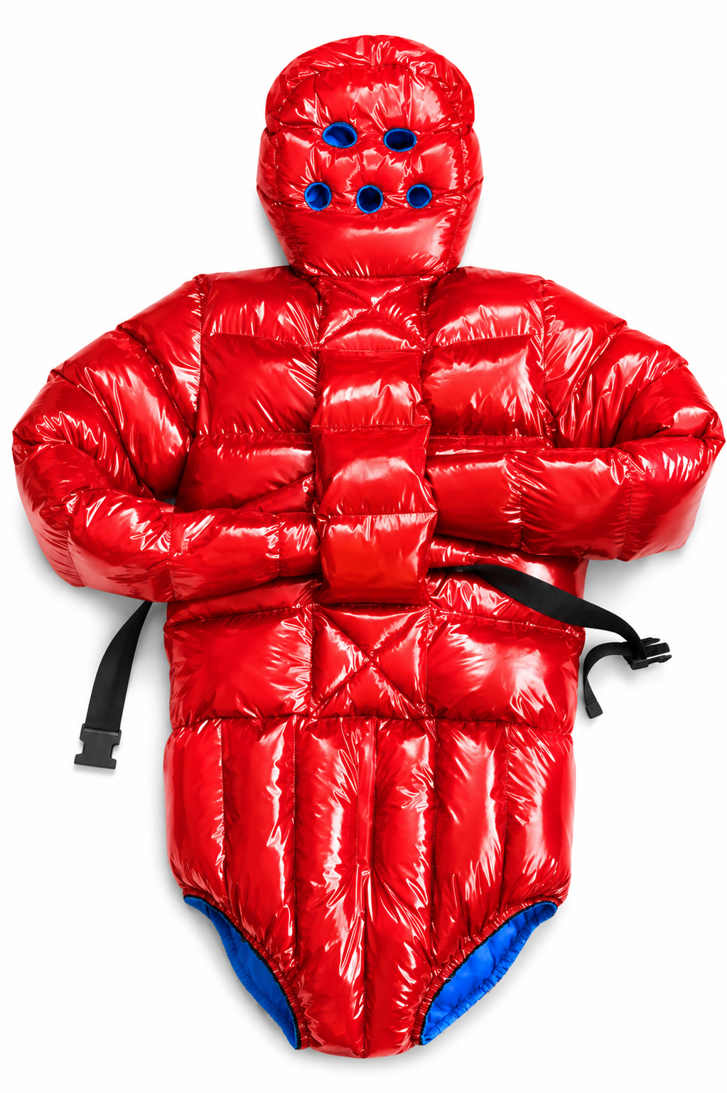 Red Shiny Nylon Hooded Puffer Bodysuit with Face Mask