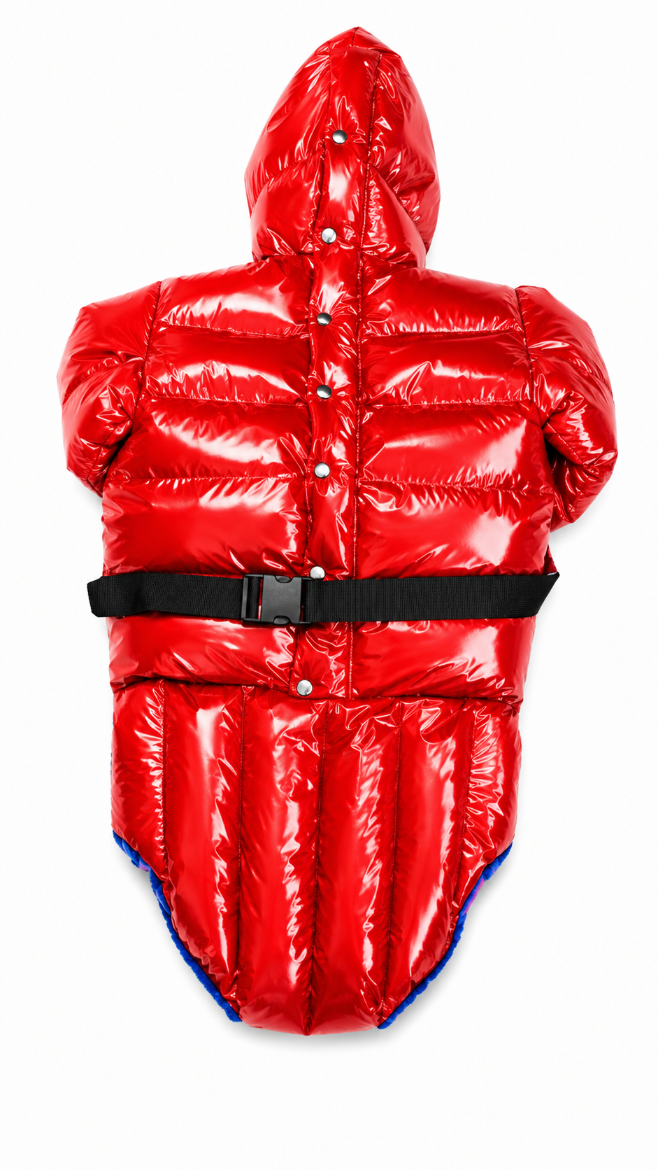 Red Shiny Nylon Hooded Puffer Bodysuit with Face Mask