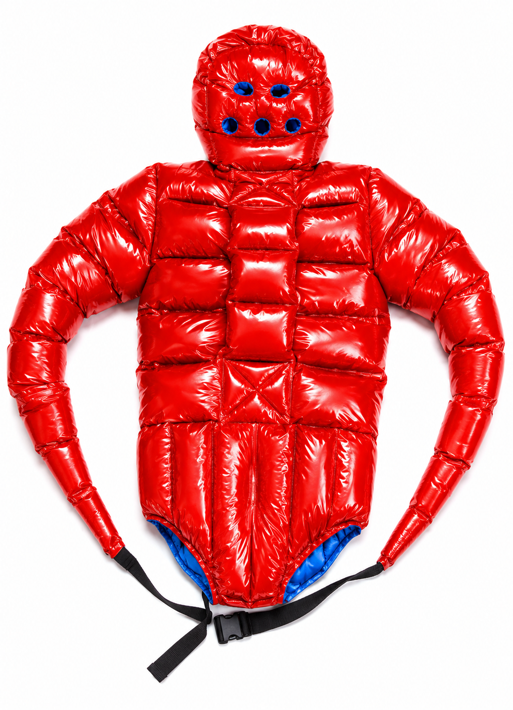 Red Shiny Nylon Hooded Puffer Bodysuit with Face Mask