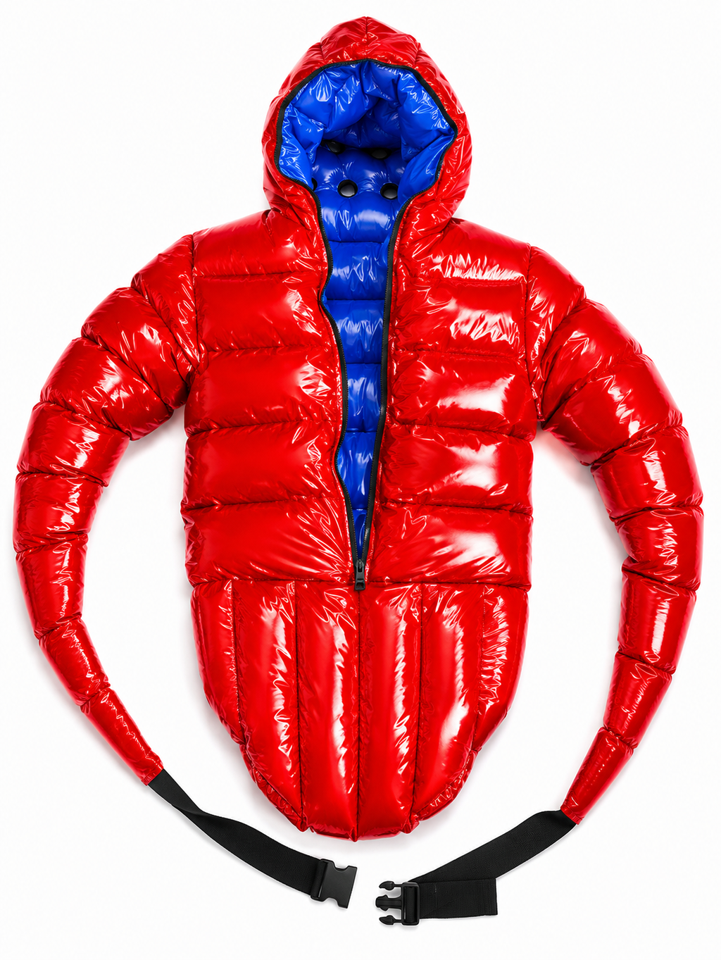 Red Shiny Nylon Hooded Puffer Bodysuit with Face Mask