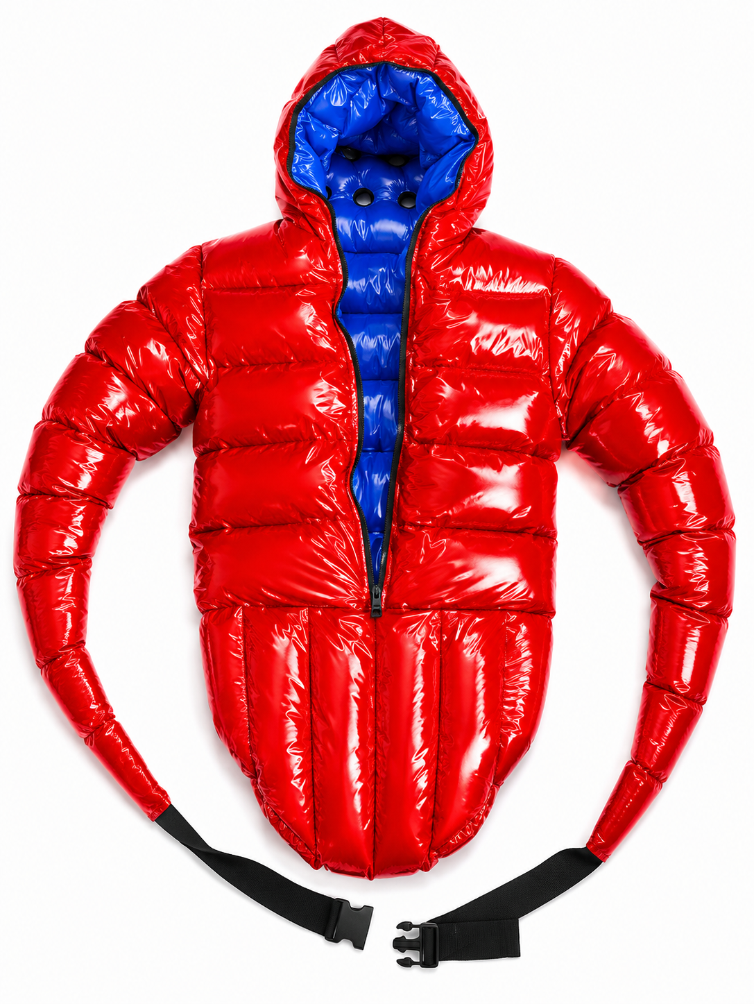 Red Shiny Nylon Hooded Puffer Bodysuit with Face Mask