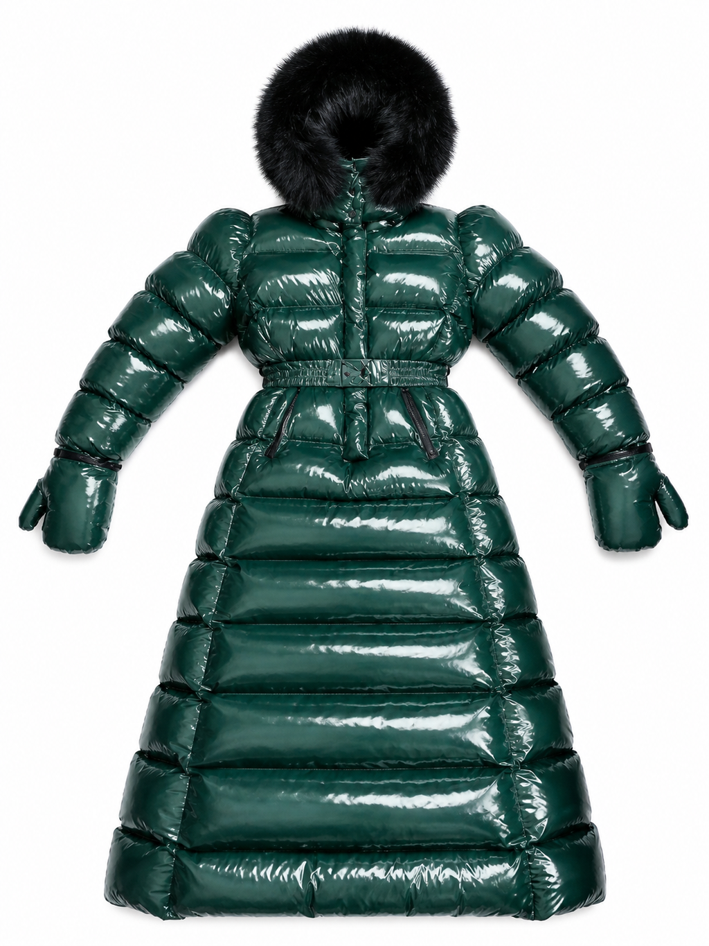 Women’s Emerald Green Shiny Nylon Faux Fur Hooded Puffer Coat