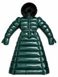 Women’s Emerald Green Shiny Nylon Faux Fur Hooded Puffer Coat