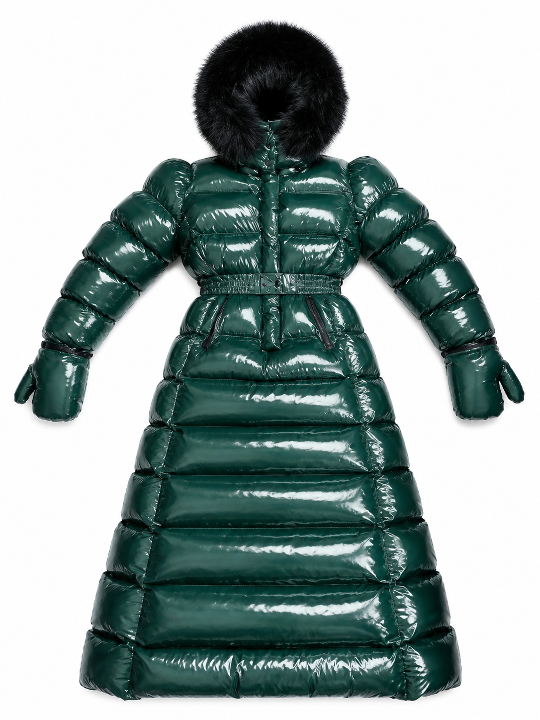 Women’s Emerald Green Shiny Nylon Faux Fur Hooded Puffer Coat