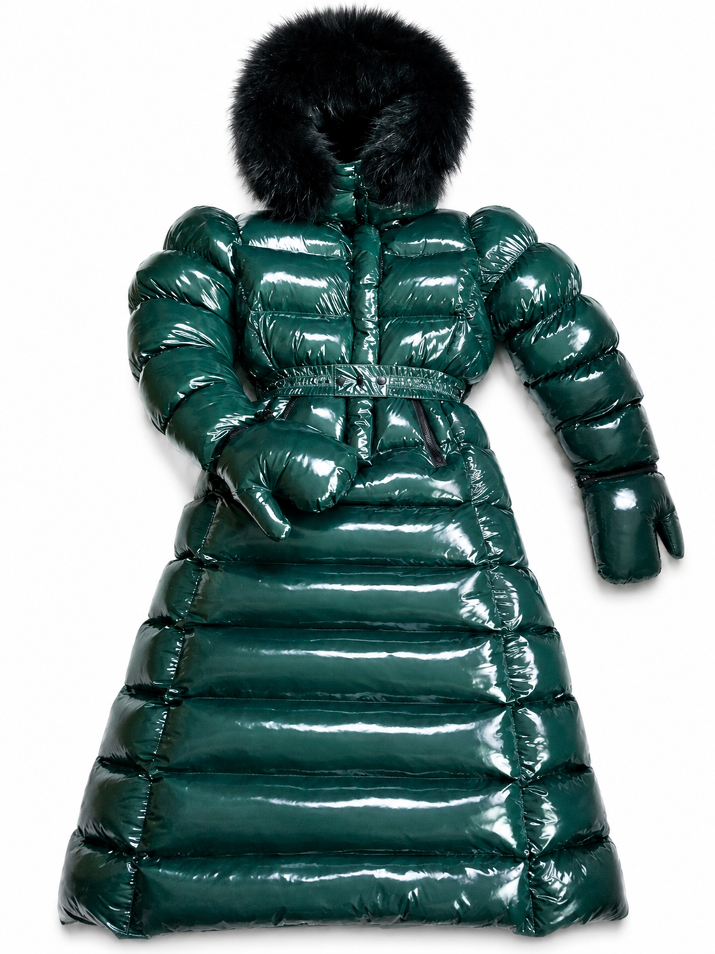 Women’s Emerald Green Shiny Nylon Faux Fur Hooded Puffer Coat