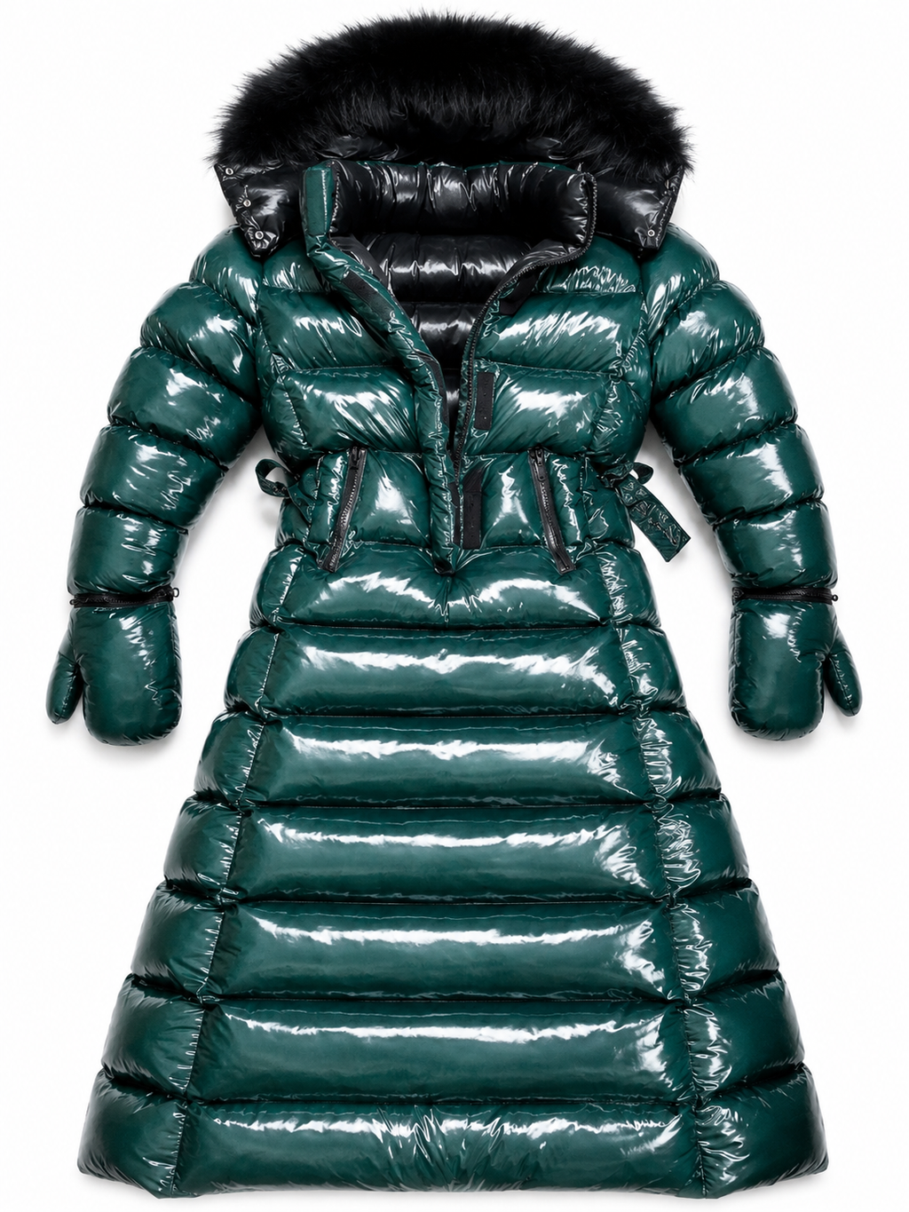 Women’s Emerald Green Shiny Nylon Faux Fur Hooded Puffer Coat
