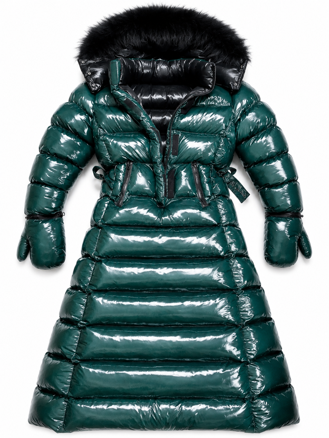 Women’s Emerald Green Shiny Nylon Faux Fur Hooded Puffer Coat