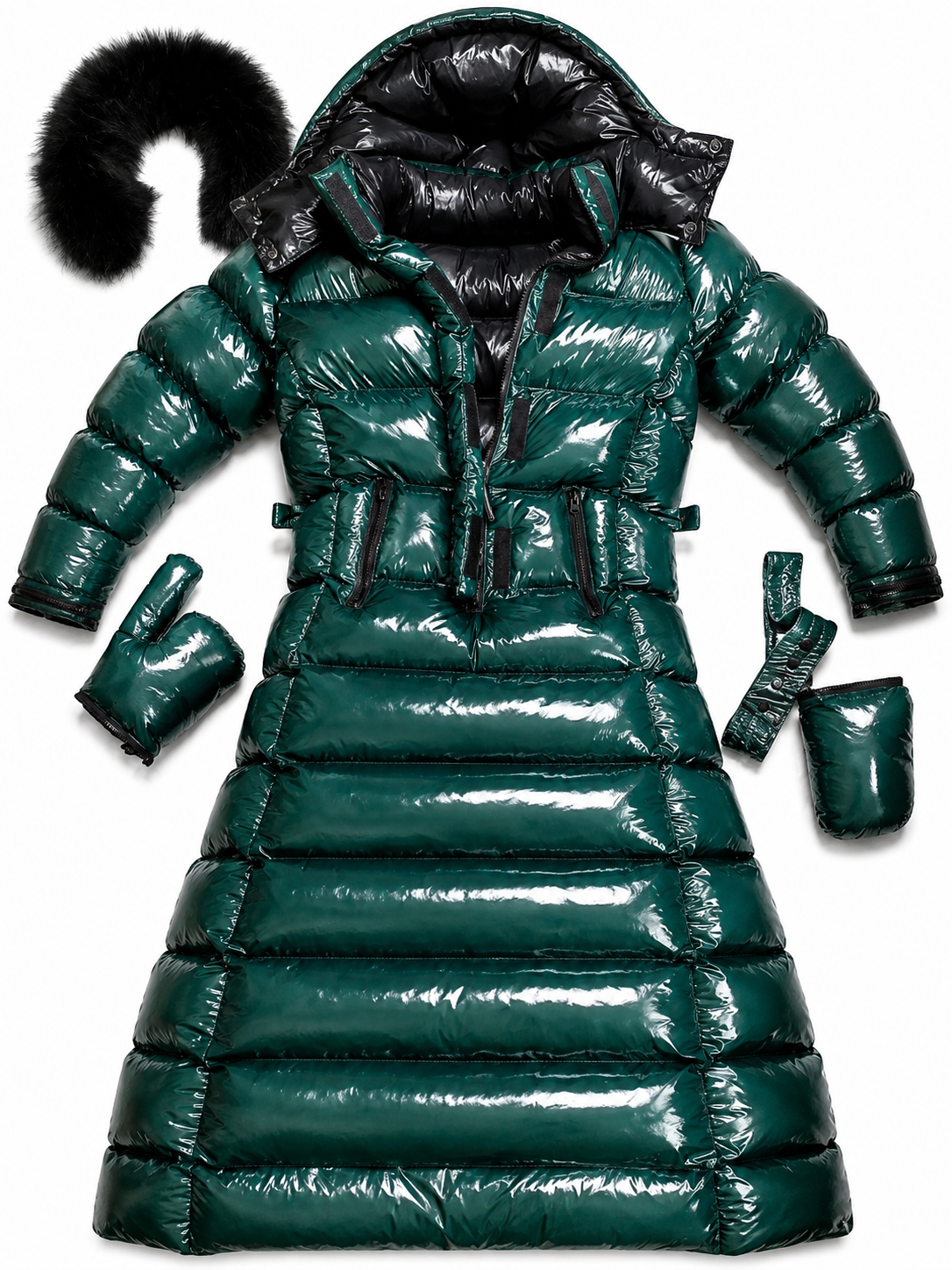 Women’s Emerald Green Shiny Nylon Faux Fur Hooded Puffer Coat