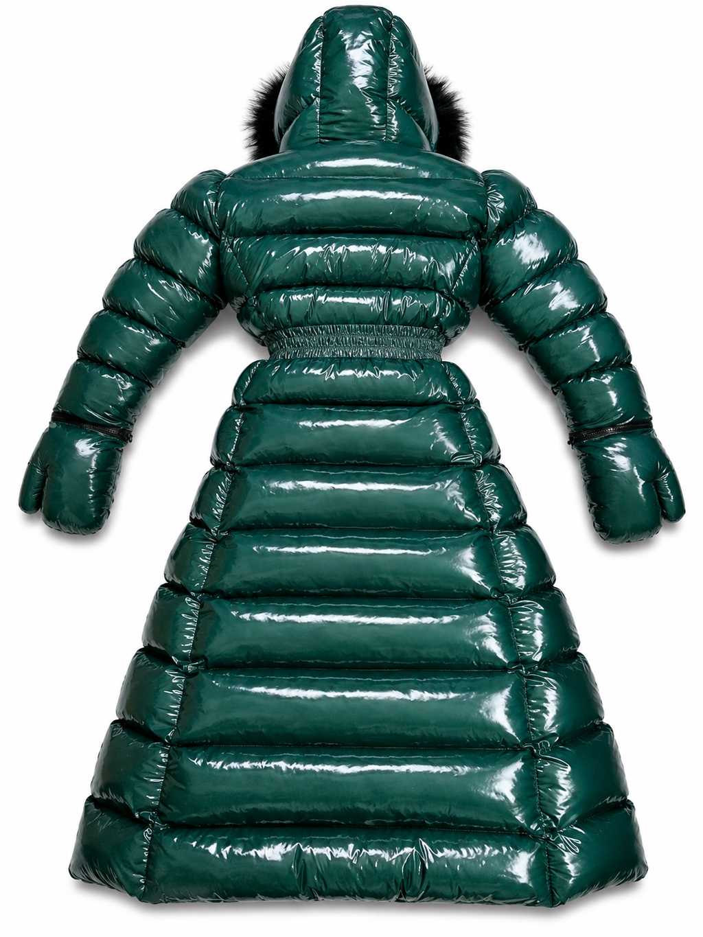 Women’s Emerald Green Shiny Nylon Faux Fur Hooded Puffer Coat
