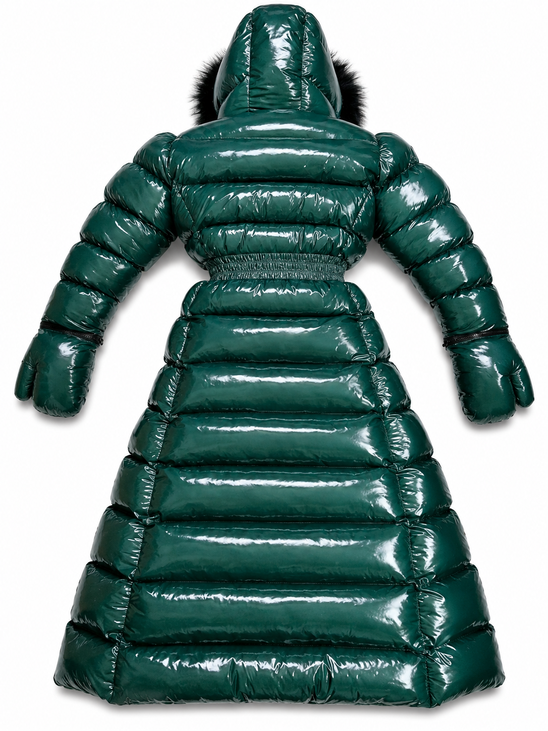 Women’s Emerald Green Shiny Nylon Faux Fur Hooded Puffer Coat