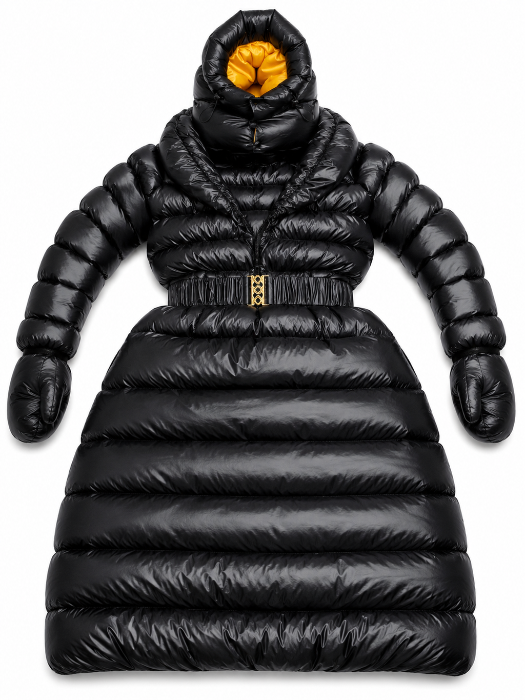 Women’s Black Shiny Nylon Belted Hooded Puffer Coat