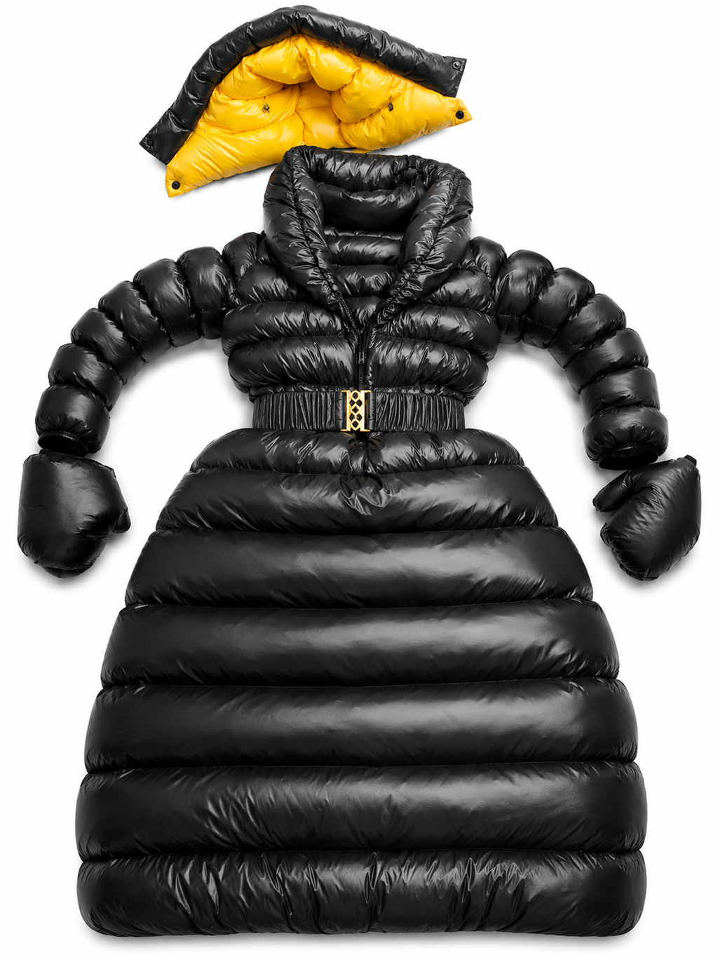 Women’s Black Shiny Nylon Belted Hooded Puffer Coat