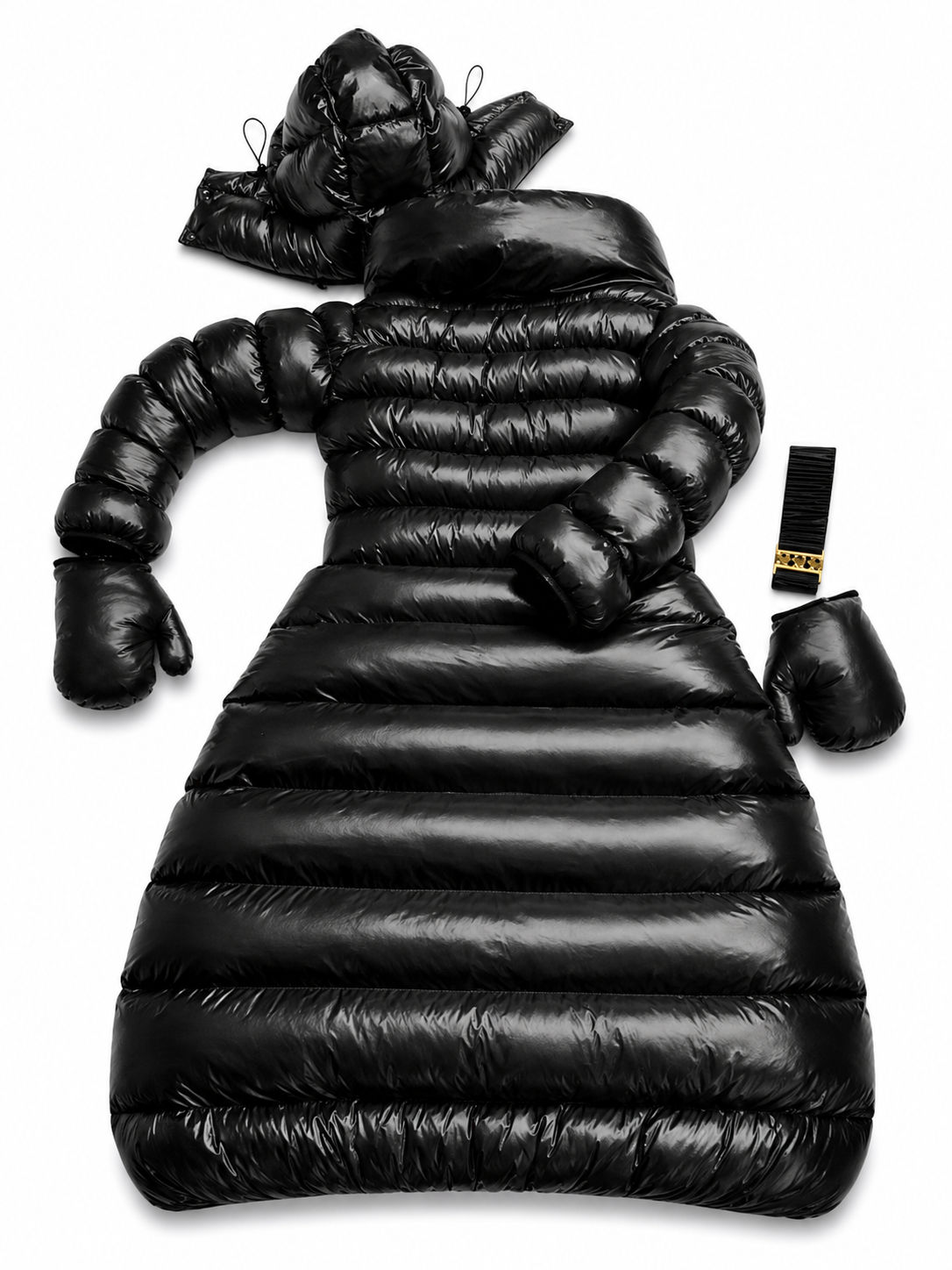 Women’s Black Shiny Nylon Belted Hooded Puffer Coat