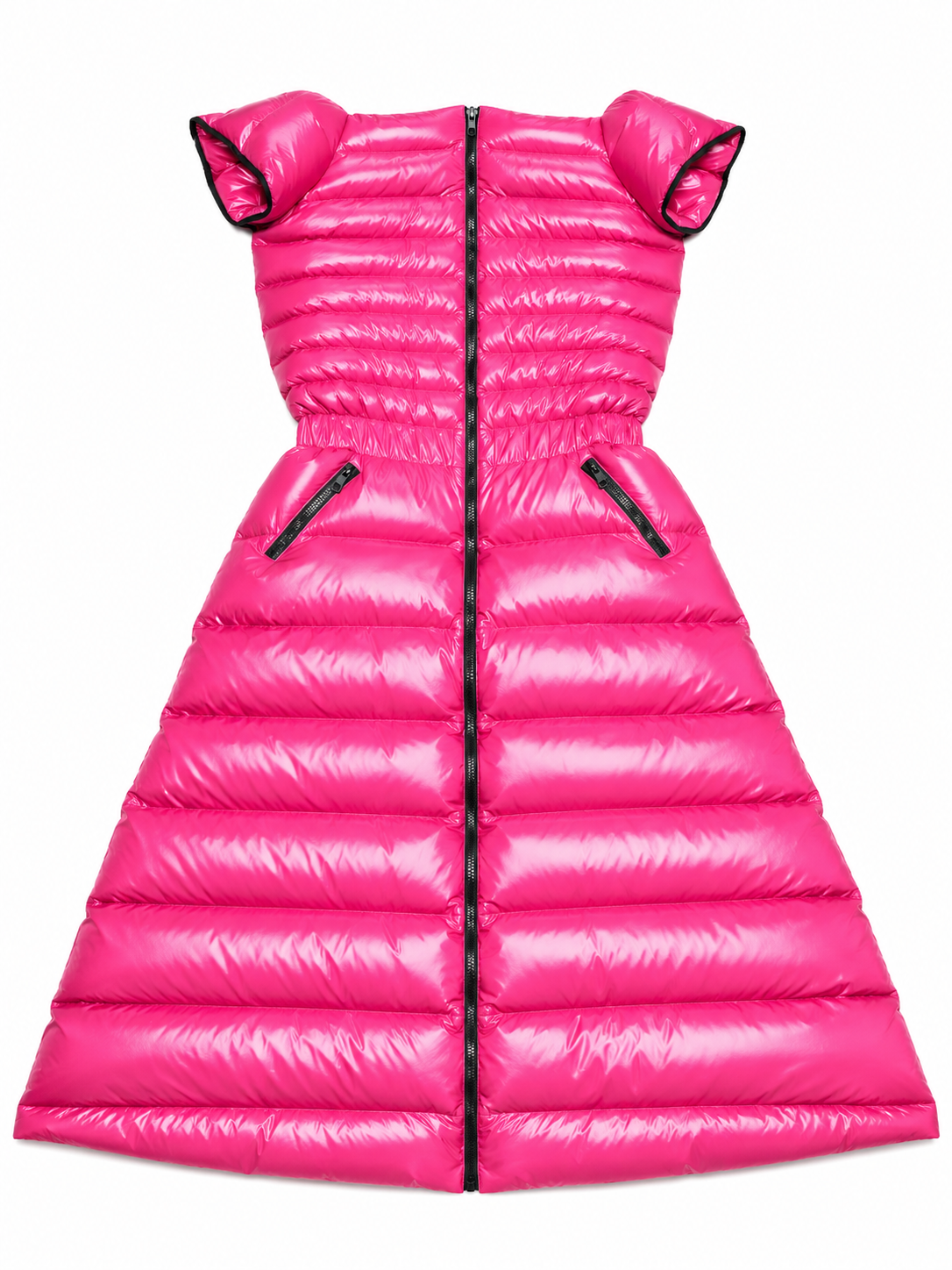 Women’s Hot Pink Shiny Nylon Short Sleeve Puffer Maxi Dress
