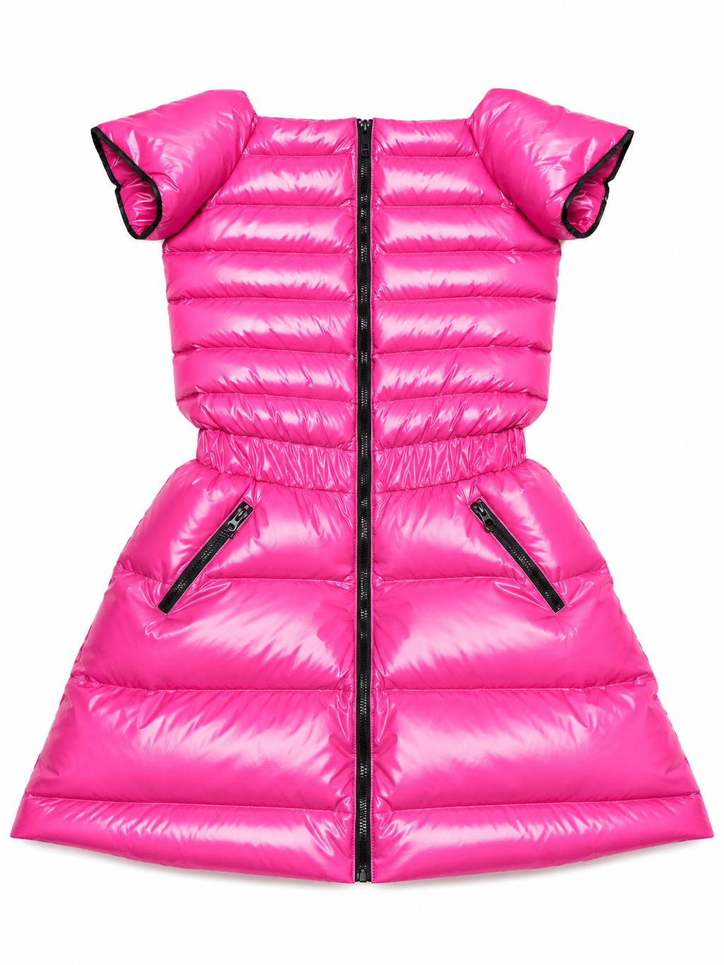 Women’s Hot Pink Shiny Nylon Short Sleeve Puffer Maxi Dress