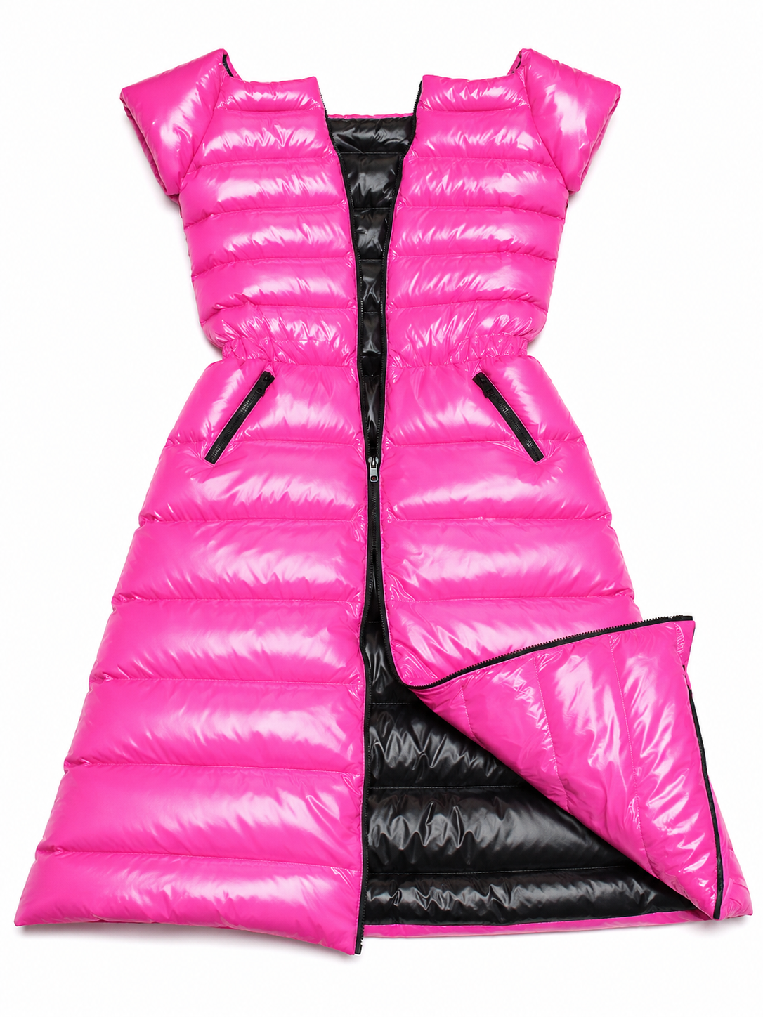 Women’s Hot Pink Shiny Nylon Short Sleeve Puffer Maxi Dress