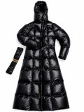 Women’s Black Shiny Nylon Hooded Belted Maxi Puffer Coat