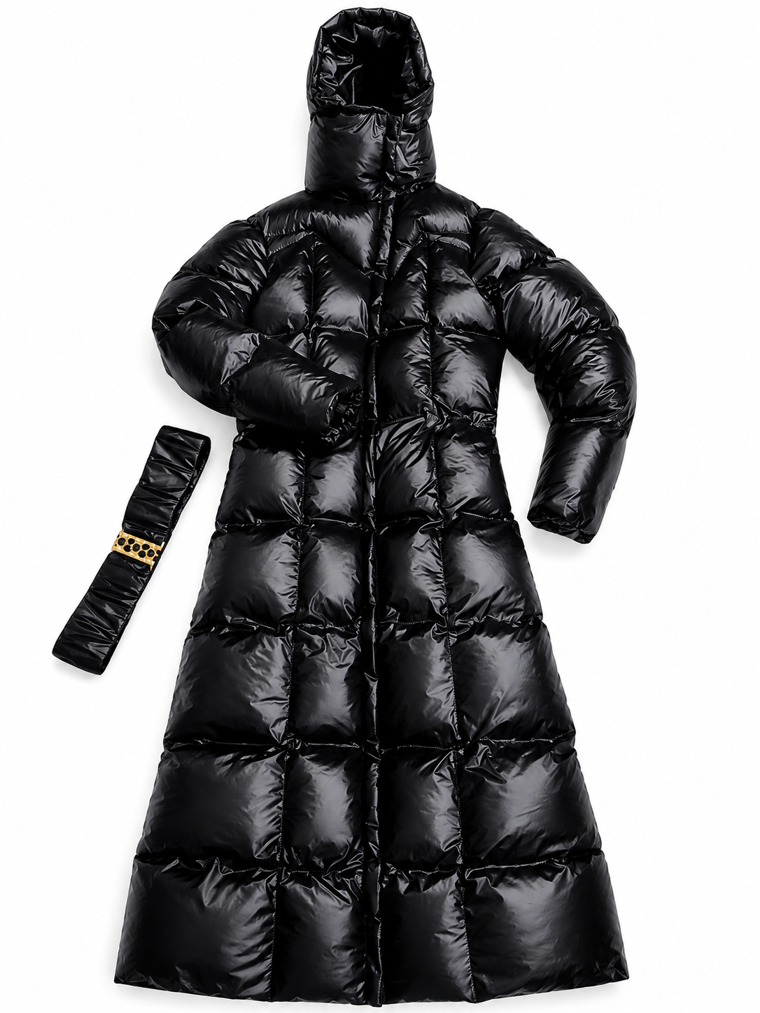 Women’s Black Shiny Nylon Hooded Belted Maxi Puffer Coat
