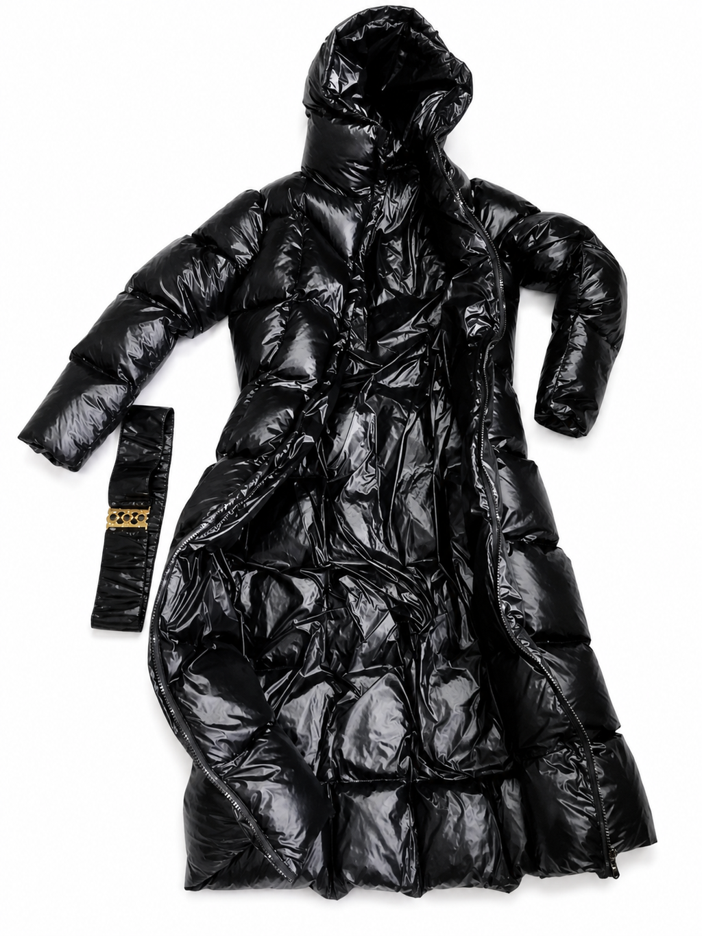 Women’s Black Shiny Nylon Hooded Belted Maxi Puffer Coat