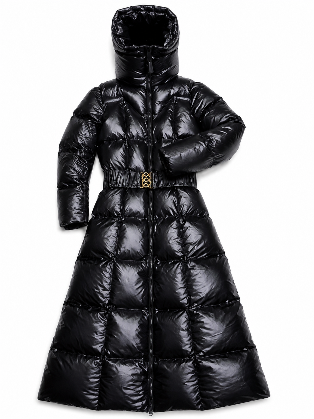 Women’s Black Shiny Nylon Hooded Belted Maxi Puffer Coat