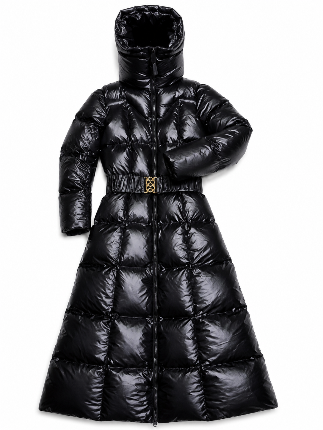 Women’s Black Shiny Nylon Hooded Belted Maxi Puffer Coat