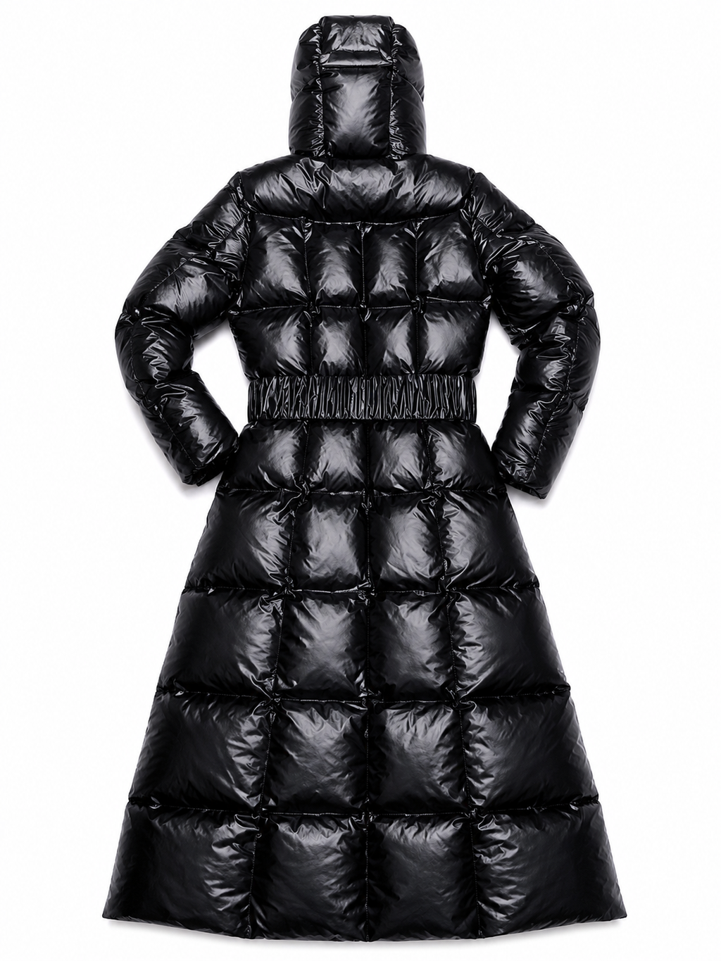 Women’s Black Shiny Nylon Hooded Belted Maxi Puffer Coat