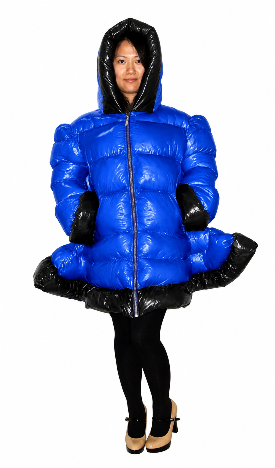 Women’s Royal Blue Shiny Nylon Hooded Puffer Coat