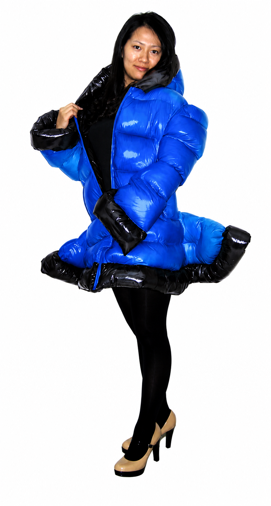 Women’s Royal Blue Shiny Nylon Hooded Puffer Coat