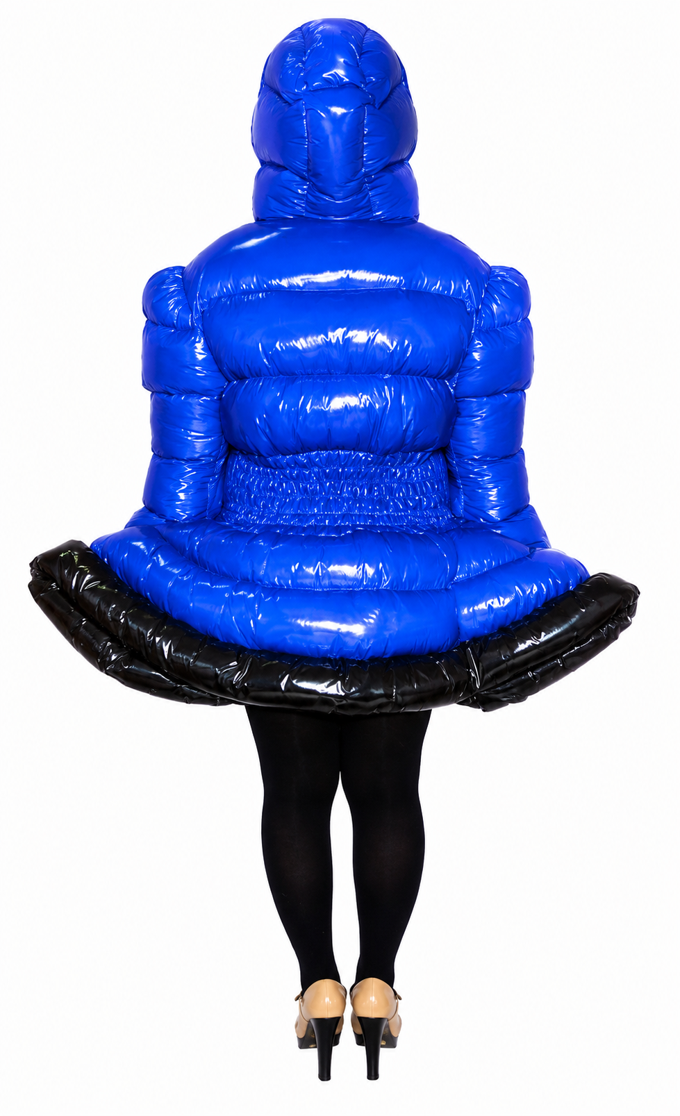 Women’s Royal Blue Shiny Nylon Hooded Puffer Coat