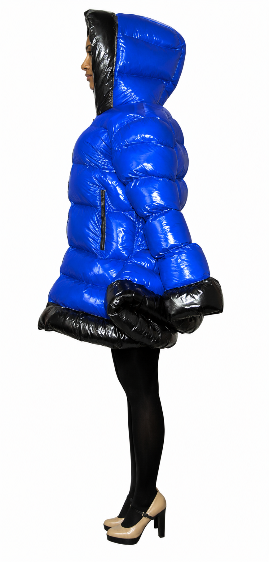 Women’s Royal Blue Shiny Nylon Hooded Puffer Coat