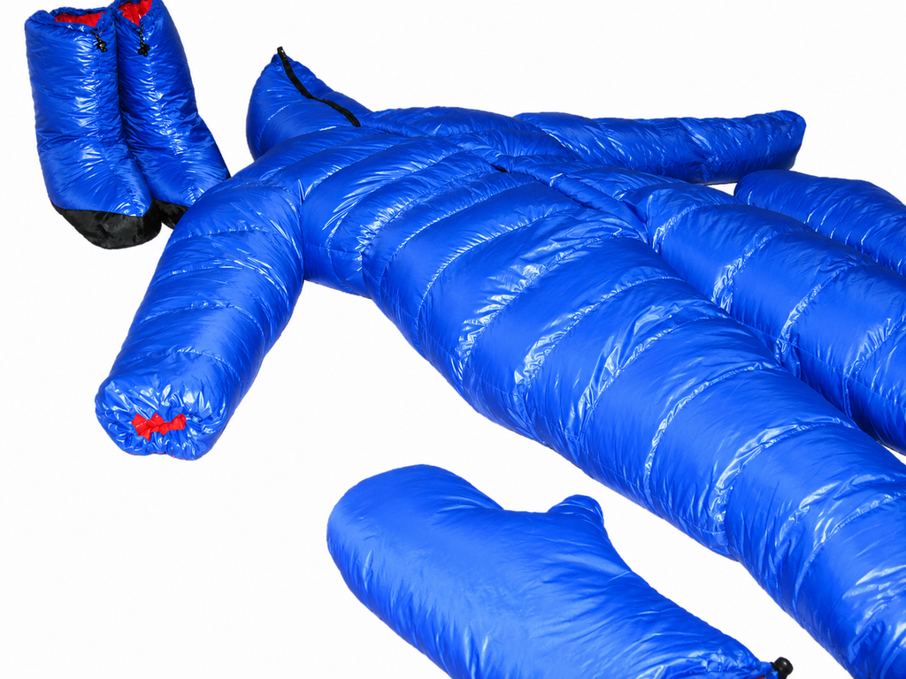 Blue Shiny Nylon Full Body Puffer Hooded Insulated Snowsuit