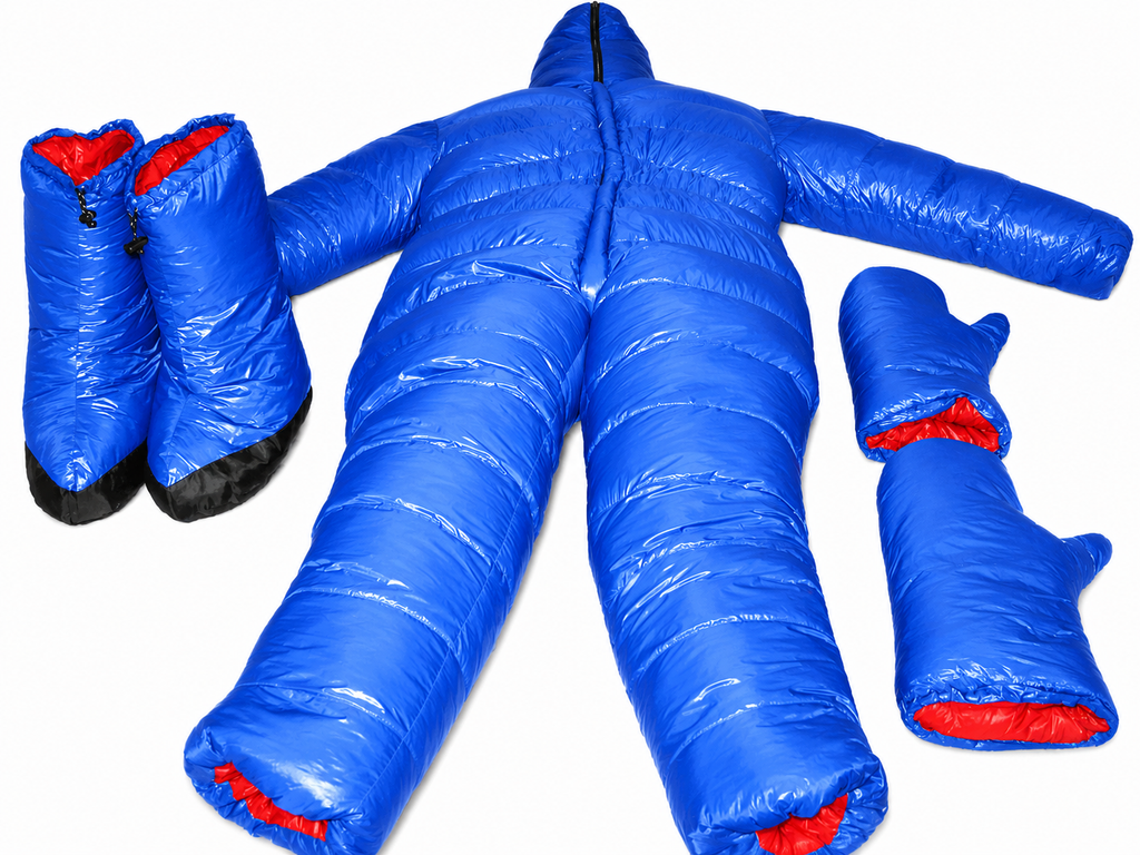 Blue Shiny Nylon Full Body Puffer Hooded Insulated Snowsuit