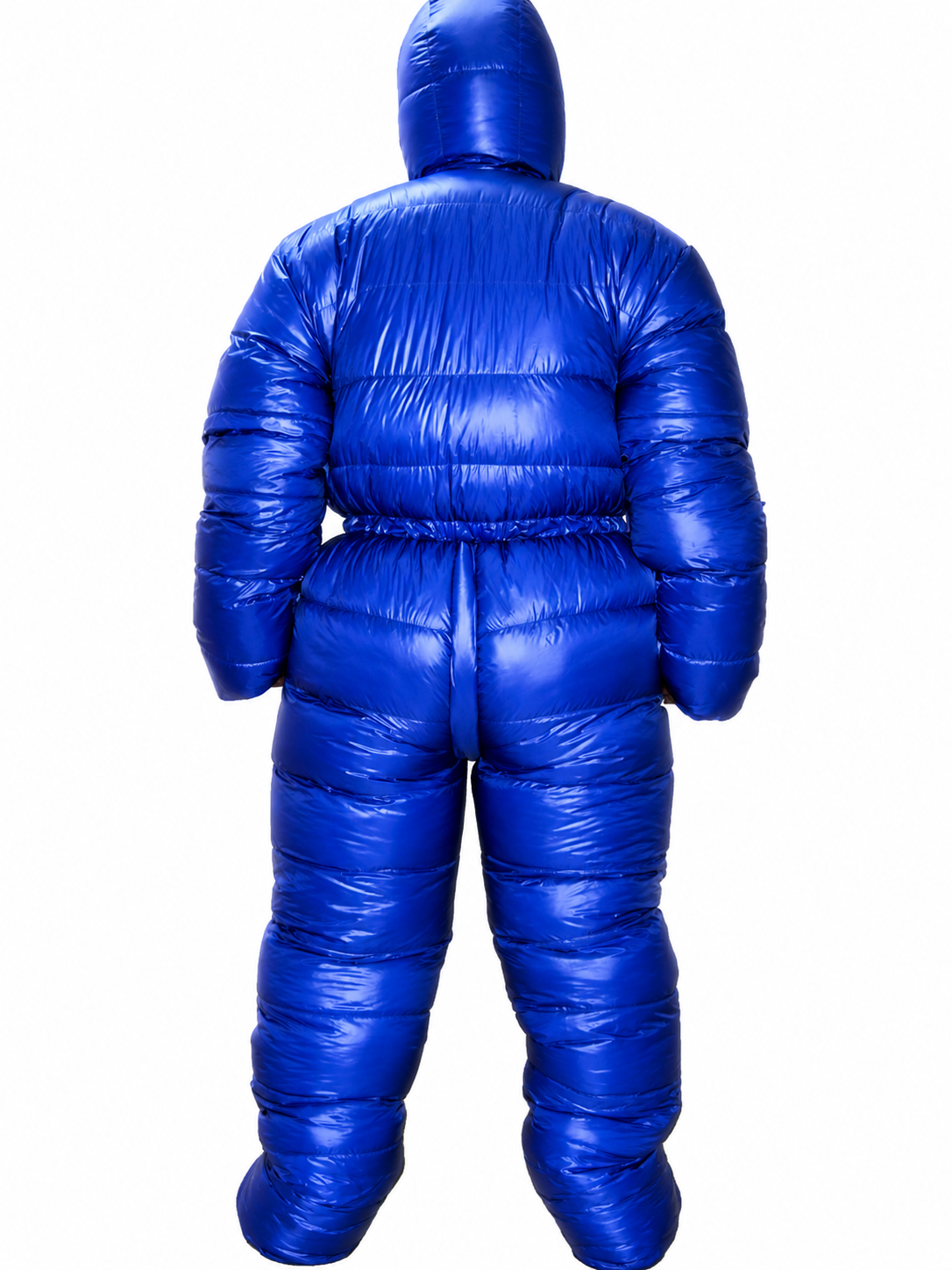 Blue Shiny Nylon Full Body Puffer Hooded Insulated Snowsuit