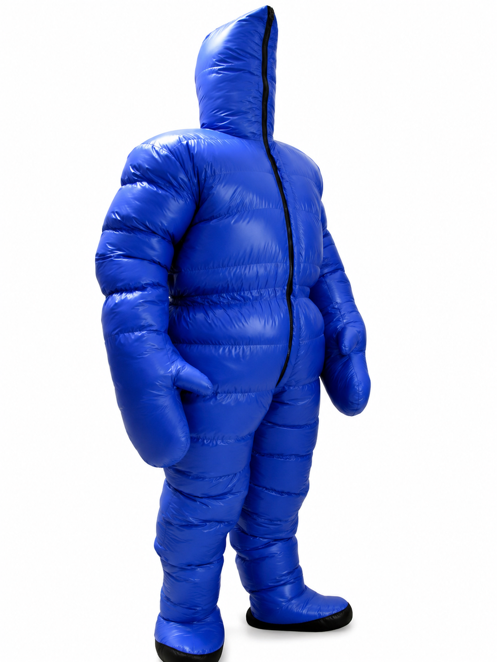 Blue Shiny Nylon Full Body Puffer Hooded Insulated Snowsuit
