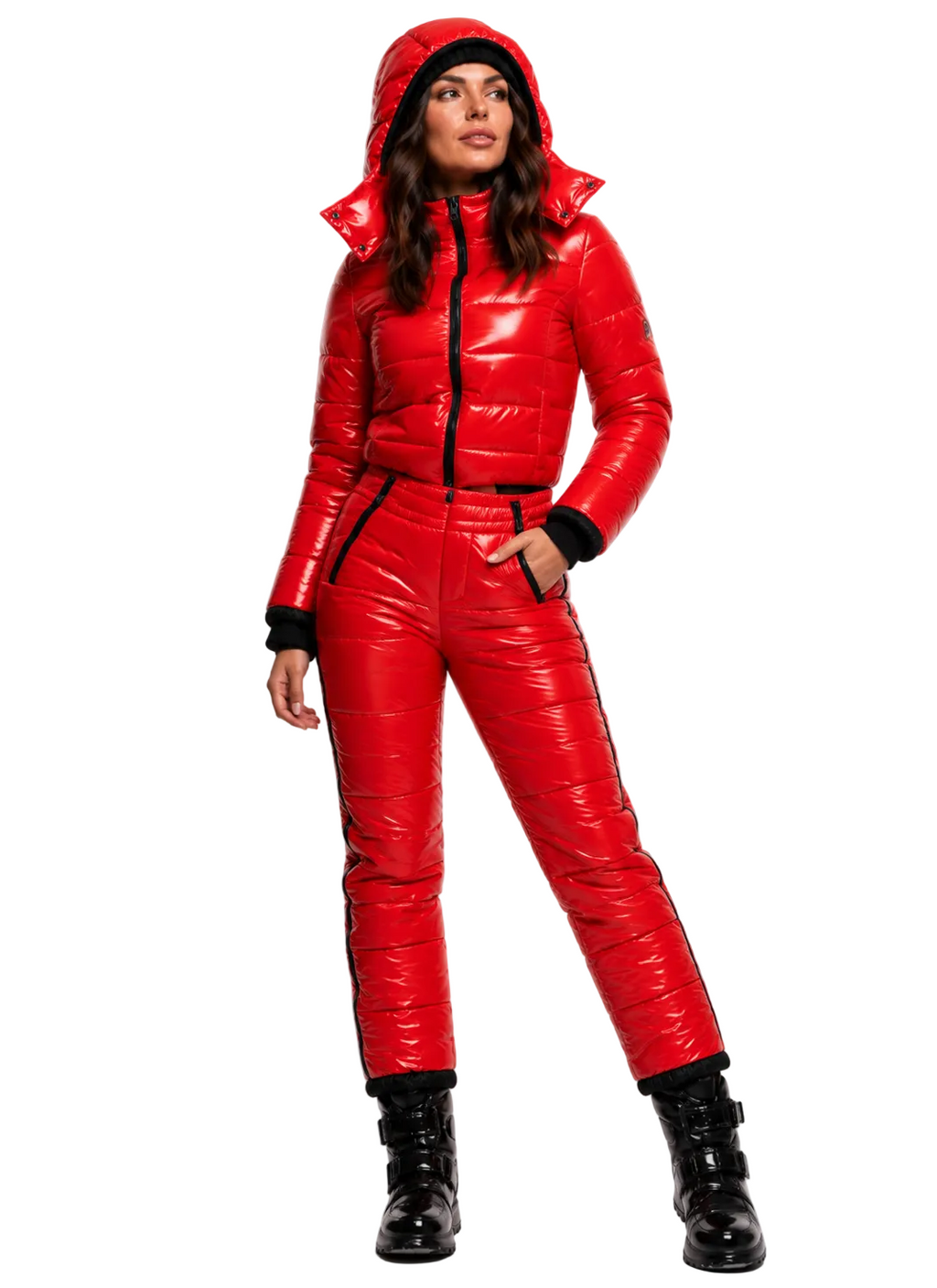 Women’s Red Faux Fur Hooded Winter Snowsuit Onesie