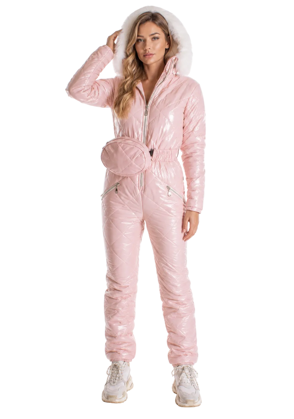 Blush Pink Shiny Nylon Faux Fur Hooded Ski Jumpsuit