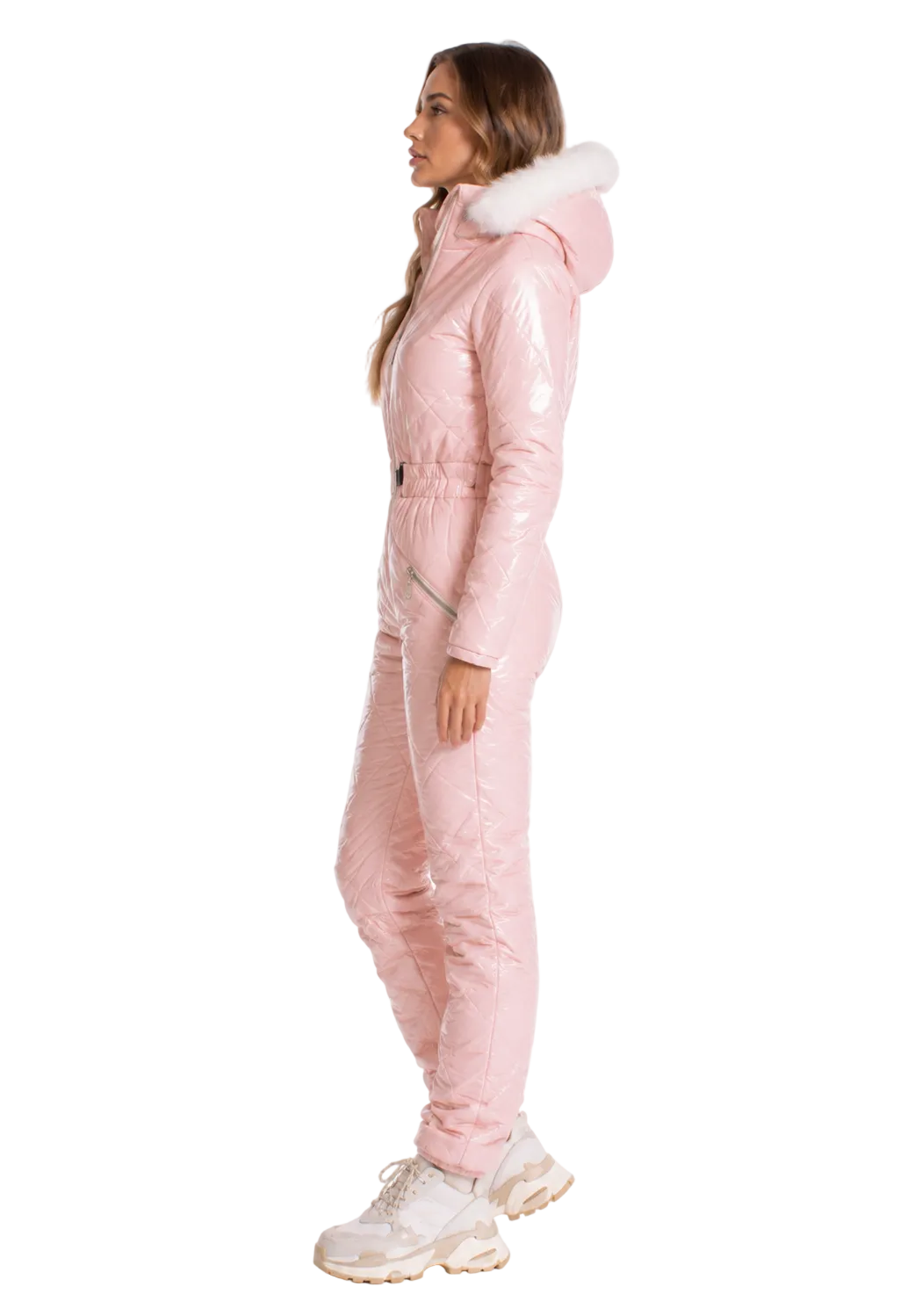 Blush Pink Shiny Nylon Faux Fur Hooded Ski Jumpsuit