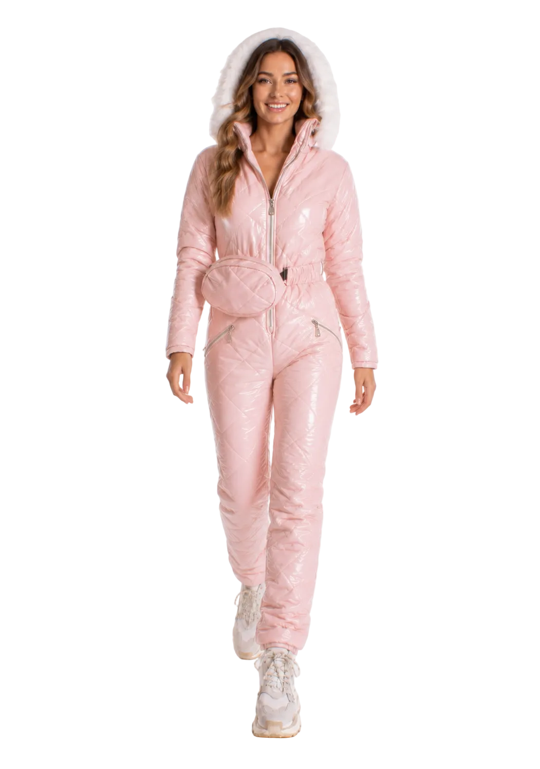 Blush Pink Shiny Nylon Faux Fur Hooded Ski Jumpsuit