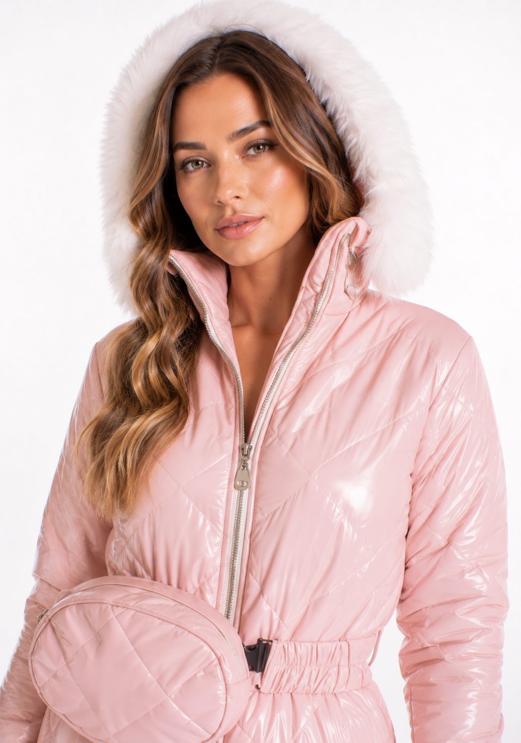 Blush Pink Shiny Nylon Faux Fur Hooded Ski Jumpsuit