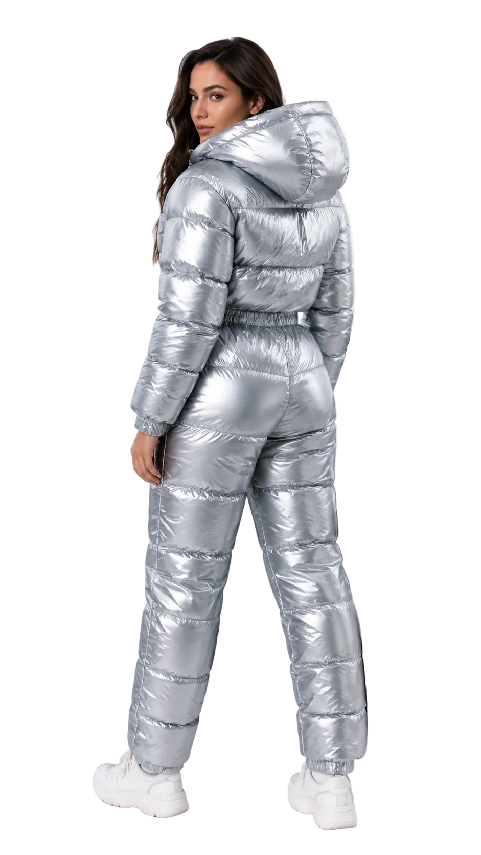 Silver Shiny Nylon Hooded Winter Jumpsuit