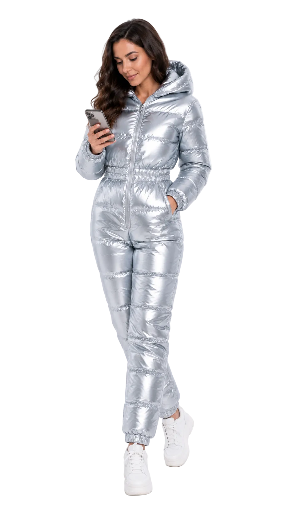 Silver Shiny Nylon Hooded Winter Jumpsuit